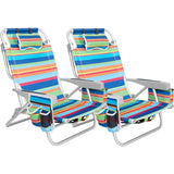 Kamglide 2 Pack Aluminum Backpack Beach Chairs for Adults, 5-Position Lay Flat Folding Camping Chairs with Cooler Bag, Cup & Phone Holder, Towel Bar, Lightweight Portable Outdoor Chairs,Multi Stripes
