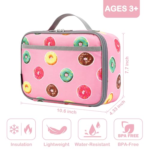 FlowFly Kids Lunch box Insulated Soft Bag Mini Cooler Back to School Thermal Meal Tote Kit for Girls, Boys, Doughnut