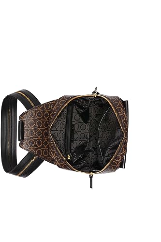 Calvin Klein Women's Millie Backpack for Women – Vegan Leather Monogram Backpack, 2 Pockets, Brown/Khaki/Black, One Size