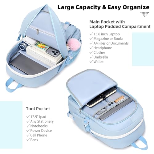 Backpack for Girls with Accessories Laptop Bookbags 16 Inch Kawaii Kids Elementary Middle High School Bag College Travel Daypack Gifts for Teens Women Students (Blue)