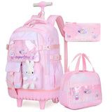 FIXITOK Rolling Backpack for Girls, Kawaii Bunny Roller Wheels School Backpacks with Lunch Bag Pencil case, Wheeled Suitcase Bookbag for Elementary Travel Dreamy-Pink