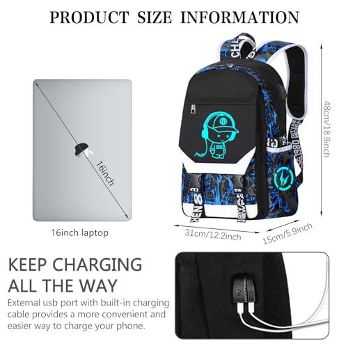 RM Family School Backpack for Boys Print Backpack Teenagers Anime Large School Bag Outdoor Reflective Daypack.Luminous Pattern Travel Laptop Backpack - With Usb Charging Port Headphone port(Blue)