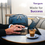 Targus HeritageLuxe Backpack 15-16” – Blue Laptop Bag with SafeSling Protection, RFID Pocket, USB-C Charging, Tracker Slot, Eco Fabric, Leather Accents - TBB65602GL