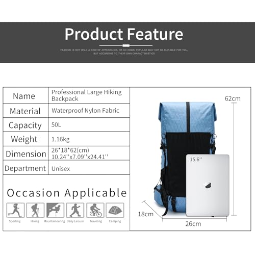 Hiking Backpack,40L to 50L Extra Large Capacity Hiking Bag,Internal Frame Camping Backpack,Upgraded X-PAC Lightweight Sport Daypack Travel Backpack Fit For Mountain Climbing Camping(Blue)