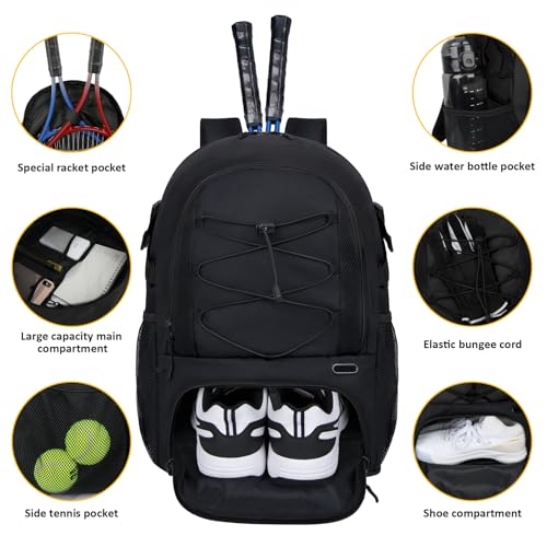 Goloni Tennis Backpack, Tennis Bag with Fence Hook & Ventilated Shoe Compartment, Holds 2 Tennis Rackets, Waterproof Sports Backpack for Men Women, Ideal for Tennis, Pickleball, Badminton