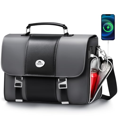 MATEIN Mens Business Briefcase 15.6 Inch, PU Leather Messenger Bags Laptop Computer Bag with USB Charging Port & Cooler, Waterproof Stylish Crossbody Shoulder Satchel for Work Office Commuting