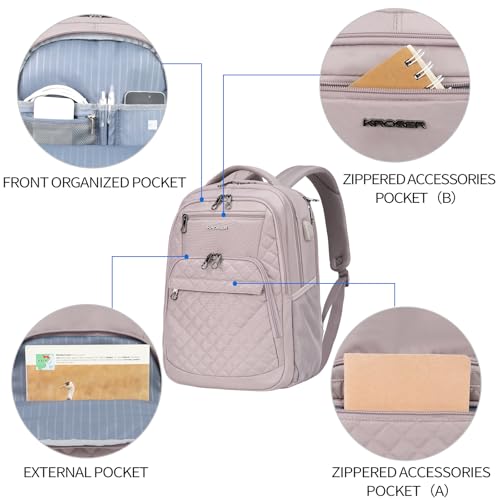 KROSER Travel Laptop Backpack 17 Inch Large Computer Backpack Water-Repellent Daypack with USB Charging Port & Headphone Interface RFID Pockets for Work/Business/College/Men/Women Dusty Pink(Quilted)