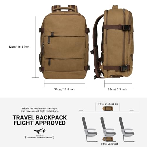KAUKKO Canvas Travel Rucksack, Large Capacity Carry On Bag with Shoe Pouch and 15.6 inch Laptop Compartment, Flight Approved Outdoor 40L Luggage Weekender Bag, 12-KHAKI