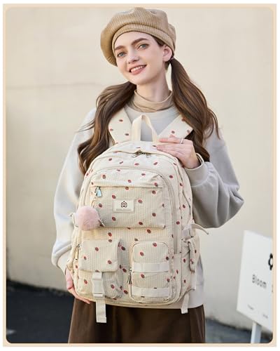 Hidds School Backpack for Teens Girls Women 15.6 Inch Laptop College Backpacks Corduroy Work Bag Kids Elementary Middle High Campus Bookbag Students Pack Travel Daypack Womens - Beige Strawberries