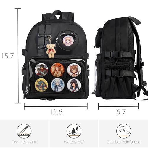 Mochila Lifelix Ita Bag con inserto - Mochila escolar Kawaii con ventana transparente para pines, mochila para laptop con estética Y2K para anime y cosplay, se adapta a laptops de 15.6", Negra