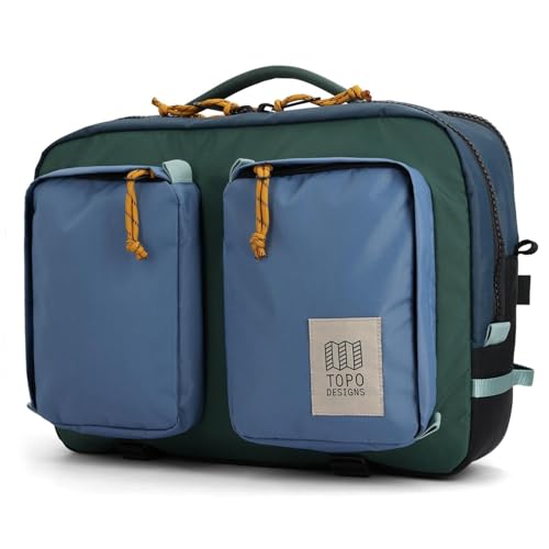 Topo Designs Global Briefcase - Bold Daily Carry Bag, Commute + Travel Pack, Personal Item Compliant, Laptop Sleeve, Removable Adjustable Shoulder Strap, Stowable Backpack Straps (Stone Blue/Forest)