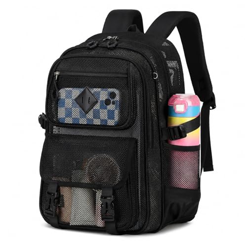 PIG PIG GIRL Mesh Backpack, 17in Heavy Duty See Through Backpack Ultra-Lightweight Net Bookbag Breathable Transparent Beach Backpacks for School Sports Gym, Black