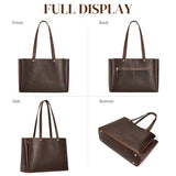S-ZONE Genuine Leather Tote Bag for Women Work Large Shoulder Handbag with Zipper Compartment for Travel Professional (dark brown)