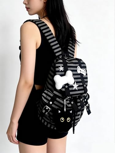 YFGBCX Y2K Striped Backpack, Kawaii Coquette Aesthetic Daypack with Cat Charm, Cute Preppy Laptop Backpack for College & Travel