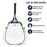 Ame & Lulu Game On Tennis Backpack - Contains Padded & Adjustable Straps - Two Exterior Water Bottle Pockets - White/Navy/Green