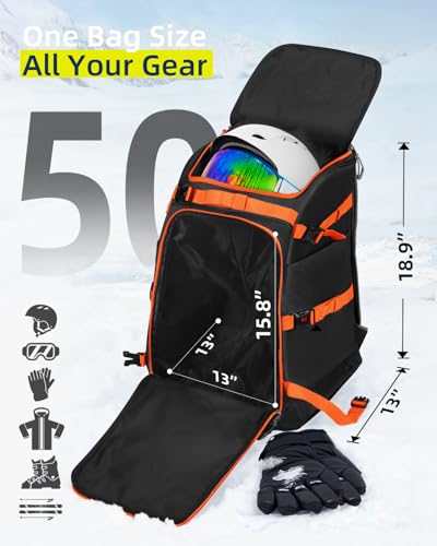 Abahub Ski Boot Bag, 50L 1680D Nylon Water-resistant Padded Ski Boot Backpack for Skis, Snowboard, Ski Helmet & Accessories, Black