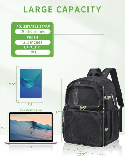 MAY TREE Mesh Backpack, 28L Heavy Duty Large Capacity Beach Bag, Black