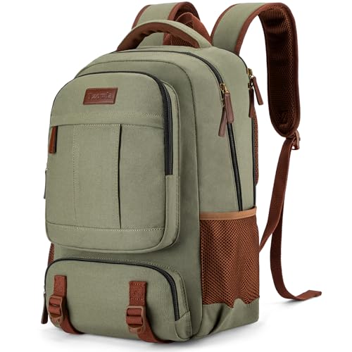 Tzowla Canvas Laptop Backpack, Bag for Men Women,Travel Work Rucksack Fits 15.6 Inch Laptop, Large Capacity Bookbag(Green)
