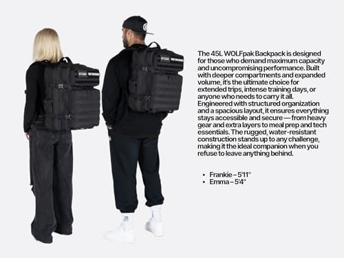 WOLFpak 45L Tactical Gym Backpack (Alpha Black) Durable 1000D Waterproof Oxford Material with MOLLE Webbing, Laptop Pocket & Dual Cup Holders, Durable Fitness/Travel/Military Daypack
