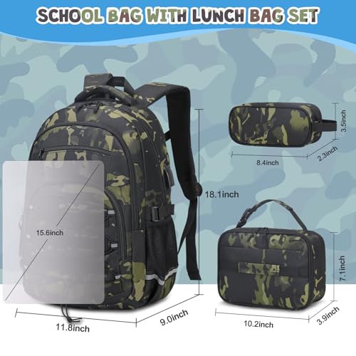 ACESAK Camo Backpack for Boys, Tactical Kids Backpack Boys, School Bags for Boy Children Teens Kids Elementary Middle High School, Military Bookbag and Lunch Bag Pencil Case Set with USB Charging Port