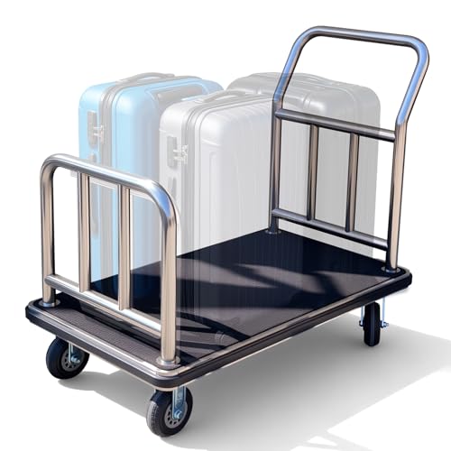 Hotel Luggage Cart - Heavy Duty Bellman Trolley with Bumper Guard, Stainless Steel Hotel Trolley with Black Carpet & 6" Rubber Silent Wheels for Resorts (42" L x 26" W x 38" H)
