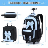 Rolling Backpack for Girls, 3PCS Bow Wheeled Girls Backpack Set with Lunch Bag and Pencil Case, Waterproof Kids School Bookbag for Elementary, Middle High School