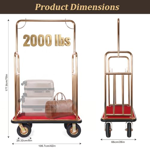 2000 LBS Heavy Duty Hotel Luggage Cart, Gold Bellman Cart with Carpeted Platform, 8" Pneumatic Wheels & Bumper Rails, Rolling Bellhop Luggage Trolley for Hotel, Resort & Condo, 42" x 26" x 70"