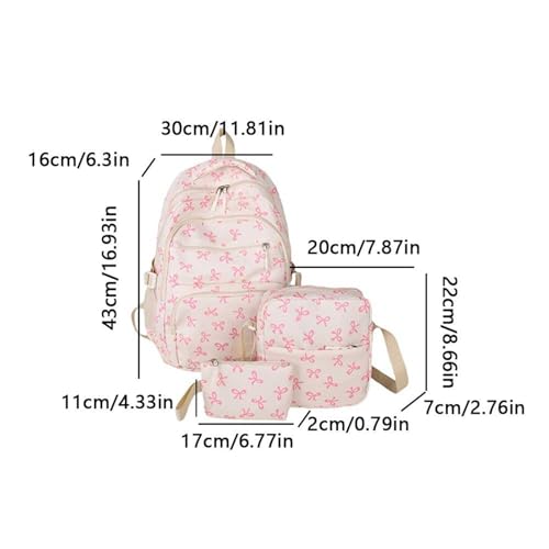 Pink School Backpacks,Back To School Backpack,Bow Backpack For Girls, Coquette Aesthetic Nylon Rucksack Cute Kawaii Back Pack 3Pcs Set With Bow Pattern