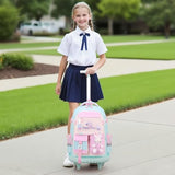 FIXITOK Rolling Backpack for Girls, Kawaii Bunny Roller Wheels School Backpacks with Lunch Bag Pencil case, Wheeled Suitcase Bookbag for Elementary Travel Aquamarine