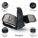 Targus HeritageLuxe Backpack 15-16” – Blue Laptop Bag with SafeSling Protection, RFID Pocket, USB-C Charging, Tracker Slot, Eco Fabric, Leather Accents - TBB65602GL