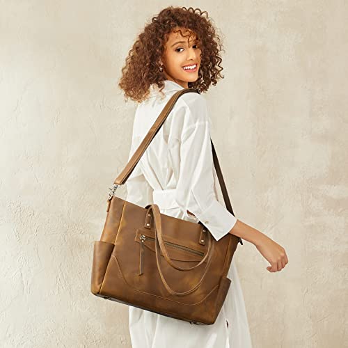 S-ZONE Genuine Leather Tote Bag for Women Large Shoulder Purses Work Handbags with Crossbody Strap Vintage