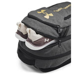 Under Armour Unisex-Adult Hustle 6.0 Backpack, (005) Black Full Heather/Black/Metallic Gold, One Size Fits Most