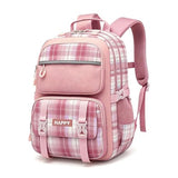 HZWLFA Kids Backpack for Girls,Cute Plaid Backpack,Preppy Bookbag for Elementary & Middle School Students,Large Capacity School Bag,17 Inch,Pink