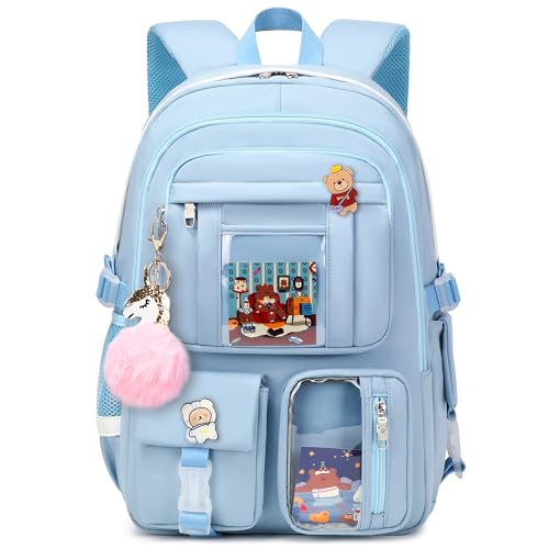 Backpack for Girls with Accessories Laptop Bookbags 16 Inch Kawaii Kids Elementary Middle High School Bag College Travel Daypack Gifts for Teens Women Students (Blue)