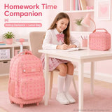 AGSDON Playful Bow Print Girls Rolling Backpack Set – 20” Roller Bookbag with Matching Lunch Box for Travel, Commute & School | Water-Resistant Fashion Wheeled Organizer in Pink