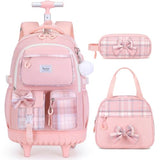 Bevalsa Rolling Backpack for Girls, Roller Backpack with Wheels, Cute Bow Plaid Wheeled School Bookbag Set with Lunch Bag & Pen Case, Suitcases for Kids Teens Elementary Middle Student (Pink)