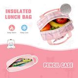 Bevalsa Backpack for Girls, Bow Plaid Bookpack with Bento Lunch Box, Insulated Bag & Utensils, 34oz Lunch Containers School Bags Set for Children Teens Kids Elementary Middle school Student (Pink)