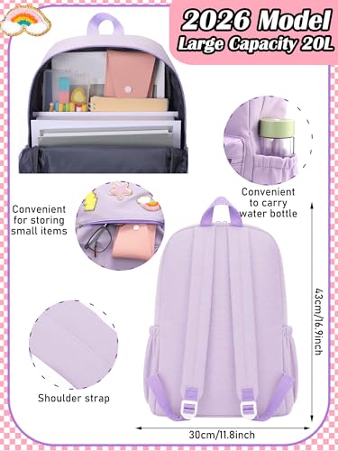 Bulyoou School Backpack Set for Girls Back to School Gift for Kids Preppy Bookbag Lunch Bag Cute Backpack with Chenille Patch(Purple)