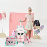 Meetbelify Rolling Backpack for Girls 3D Carton Backpack with Wheels for Elementary Student Kids Plush School Bag with Lunch Box Pencil Case for Girls Ages 6-8 Years Old Pink