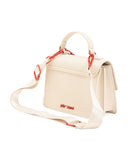 Betsey Johnson Crossbody Bag with Attached Charm, Cream with Red Cherry Studs, Dual Compartment, Adjustable Strap, 8x6 Inch
