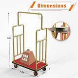 Gold Hotel Luggage Cart,42"x24" Bellman Cart with Baffle Guardrail and 6In Caster Weight Capacity Up to 850LBS Provide Convenience to Guest Gold Finished Hotel Cart Add Elegance to Hotel&Resort