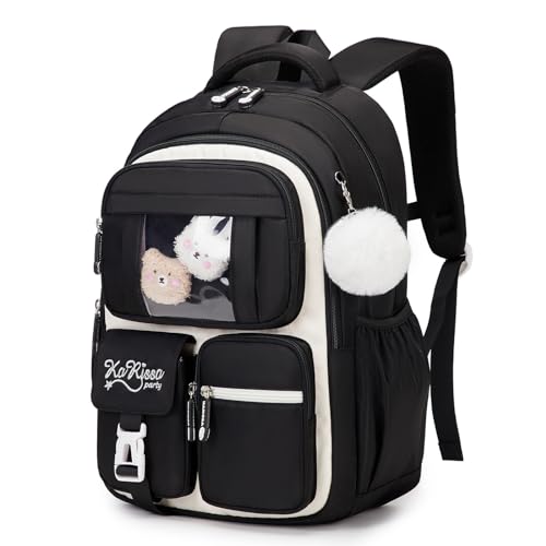 PIG PIG GIRL Kids Backpack for Girls - School Bags for Middle School Students - Book Bag for Elementary Primary - Kawaii Ita Backpack - Black and Beige