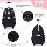 Bevalsa Rolling Backpack for Girls, Roller Backpack with Wheels, Cute Bow Wheeled School Bookbag Set with Lunch Bag & Pen Case, Suitcases for Kids Teens Elementary Middle Student (Black Pink)