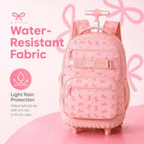 AGSDON Playful Bow Print Girls Rolling Backpack Set – 20” Roller Bookbag with Matching Lunch Box for Travel, Commute & School | Water-Resistant Fashion Wheeled Organizer in Pink