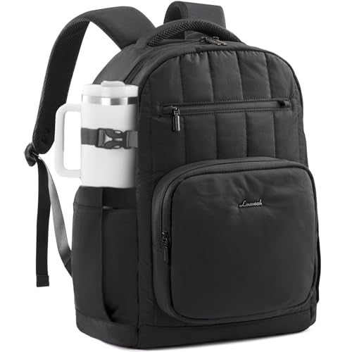 LOVEVOOK Laptop Backpack for Women with Giant Tumbler Holder Pocket,15.6 Inch Puffer Travel College Work Backpack Purse for Teacher Nurse,Waterproof Laptop Bag Computer Back Pack Casual Daypack,Black