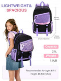 VASCHY Backpack for Girls, Cute Elementary School Bag Bookbag for Primary Schooler Kids with Sparkling Sequin Clear Pocket Black Purple