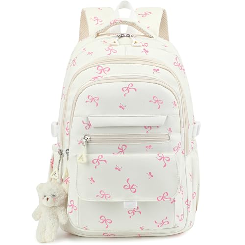 PRLINJSK Girls Backpack for College High Middle School Student, Cute Aesthetic Bookbag for Teens Women with Accessories, Beige Bow