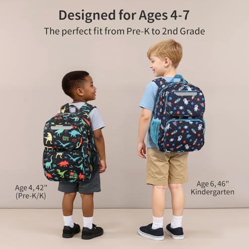 BrainyBees Kids Backpack for Boys Kindergarten - 15 Inch Sturdy School Bookbag Fits Folder, Dinosaur Backpack for Kids 4-7 with Leakproof Insulated Pocket for Lunch and Snacks, Black