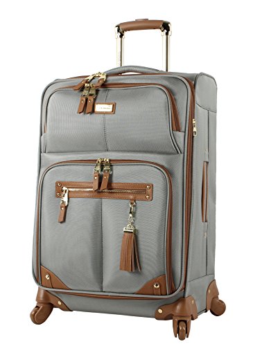 Steve Madden Designer Luggage Collection - Lightweight 24 Inch Expandable Softside Suitcase - Mid-size Rolling 4-Spinner Wheels Checked Bag (Harlo Gray)