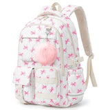 shiprabags Quilted Backpack for Teen Girls, Cute Pink Bow School Backpack with Multi-Pocket Design, Lightweight Cotton Bookbag Fits 15.6" Laptop, Large Capacity Aesthetic Backpack with Plush Charm
